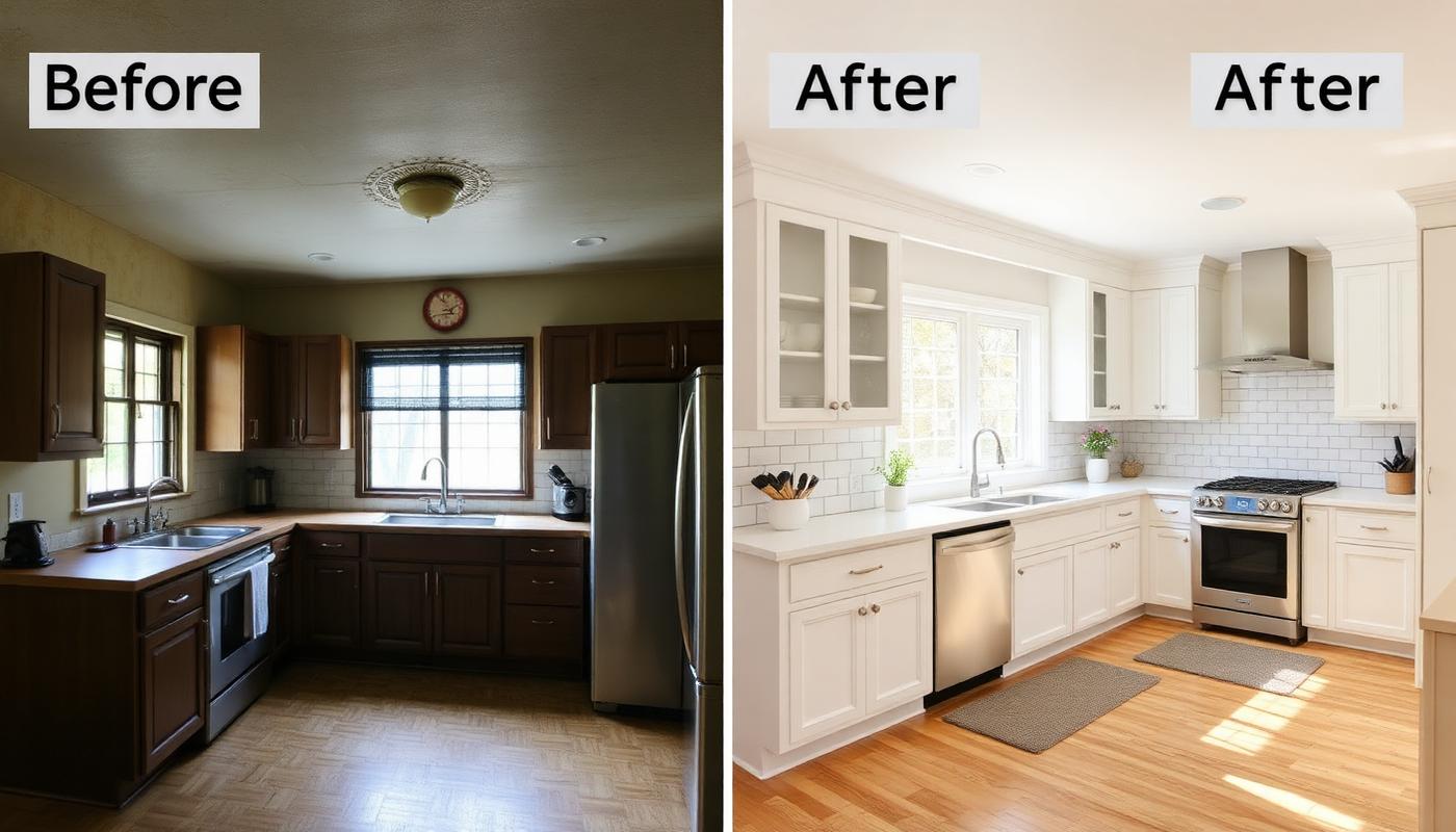 A dated kitchen before renovation next to the brighter, modernized kitchen after renovation